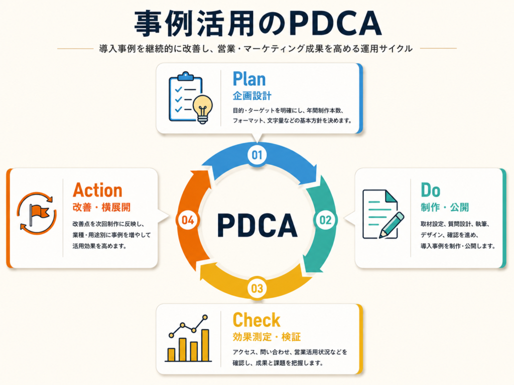 事例活用のPDCA。Planでは目的・ターゲットを明確にし、Doでは取材・執筆・公開を進め、Checkではアクセスや問い合わせ、営業活用状況を検証し、Actionでは改善点を次回制作に反映して横展開する流れを示した図。