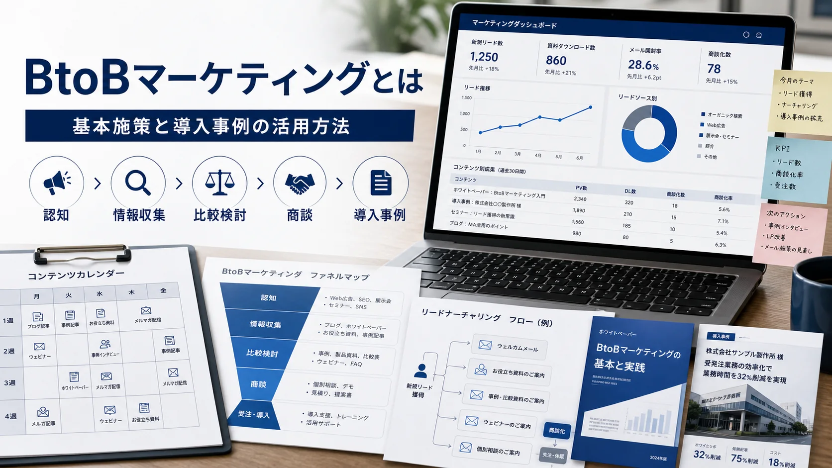 BtoBマーケティングの施策と導入事例活用を示すイメージ