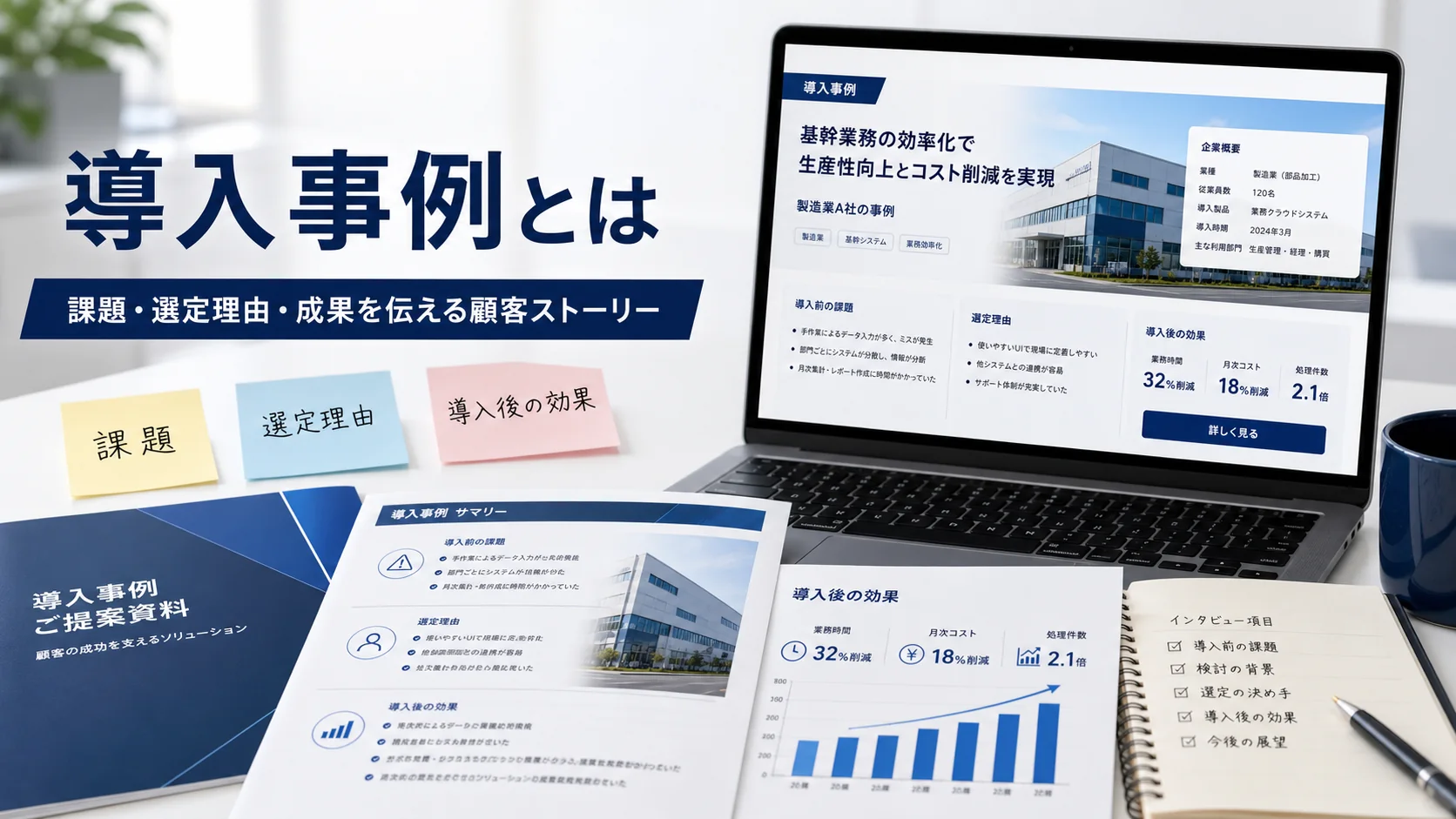導入事例の意味を説明するBtoB資料と事例ページのイメージ