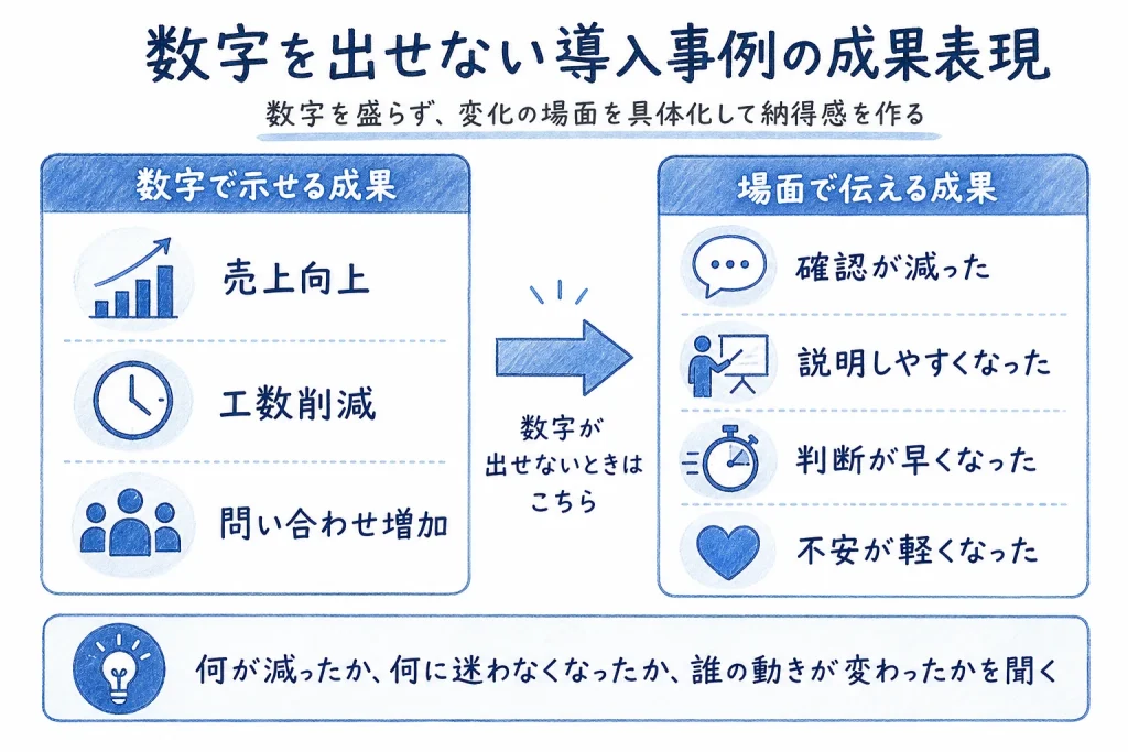数字で示せる成果と場面で伝える成果の違いを示す図