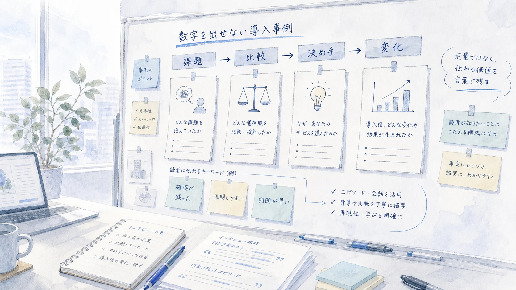 成果の数字を出せないときの導入事例制作を示す手書き風の構成ボードイラスト