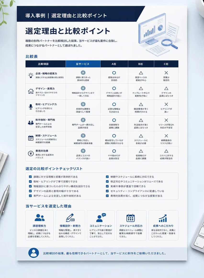 選定理由や比較軸を見せるA4導入事例デザイン例