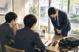 導入事例取材の前に、担当者が深く頭を下げて謝罪する場面