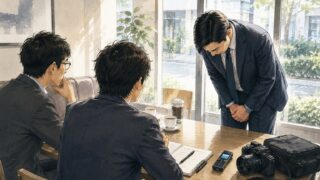 導入事例取材の前に、担当者が深く頭を下げて謝罪する場面