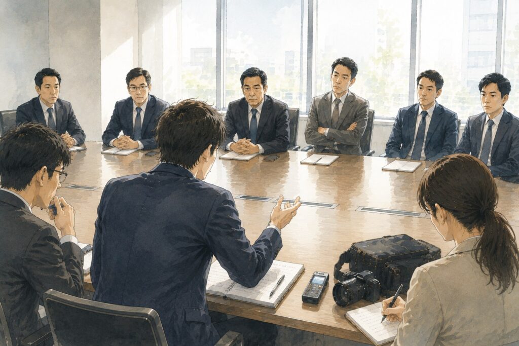 導入事例取材の会議室で、取材チームが複数の担当者から話を聞く場面