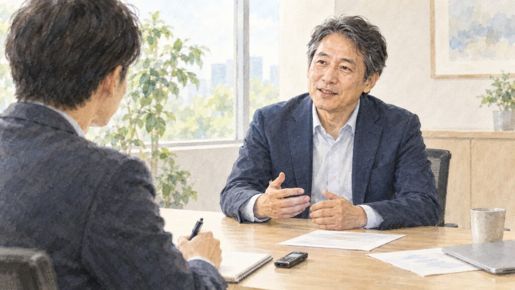 取材相手が導入後の変化を振り返りながら話す場面を描いたイラスト