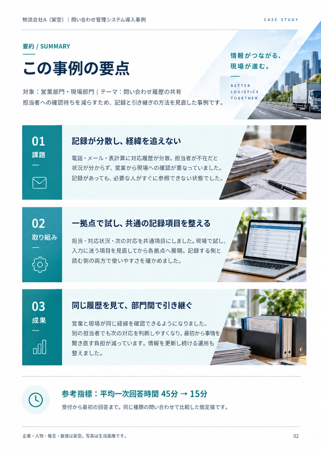課題・取り組み・成果を3つのまとまりで示したサマリーです。顔写真やコメントを入れず、事例全体の要点を読み取れる構成にしています。