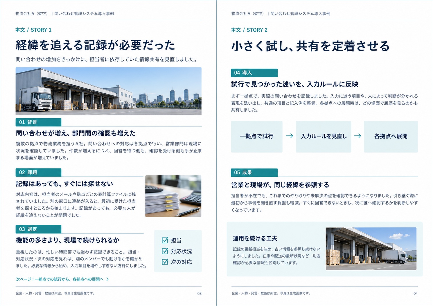 背景・課題・選定・導入・成果のタグで、経緯を追えるようにした本文2ページの例です。説明に対応する図を添えています。