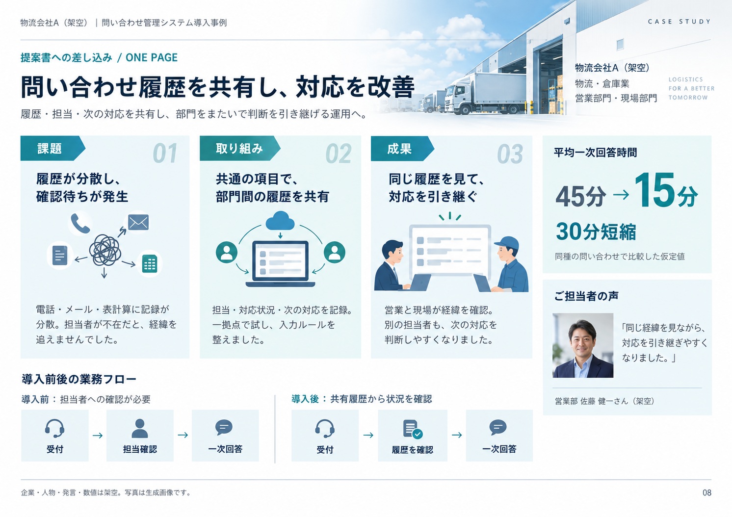 A4横（297×210mm）の提案書に差し込む作例です。企業概要、課題・取り組み・成果、導入前後のフロー、成果の数値と顧客の声を1ページにまとめています。