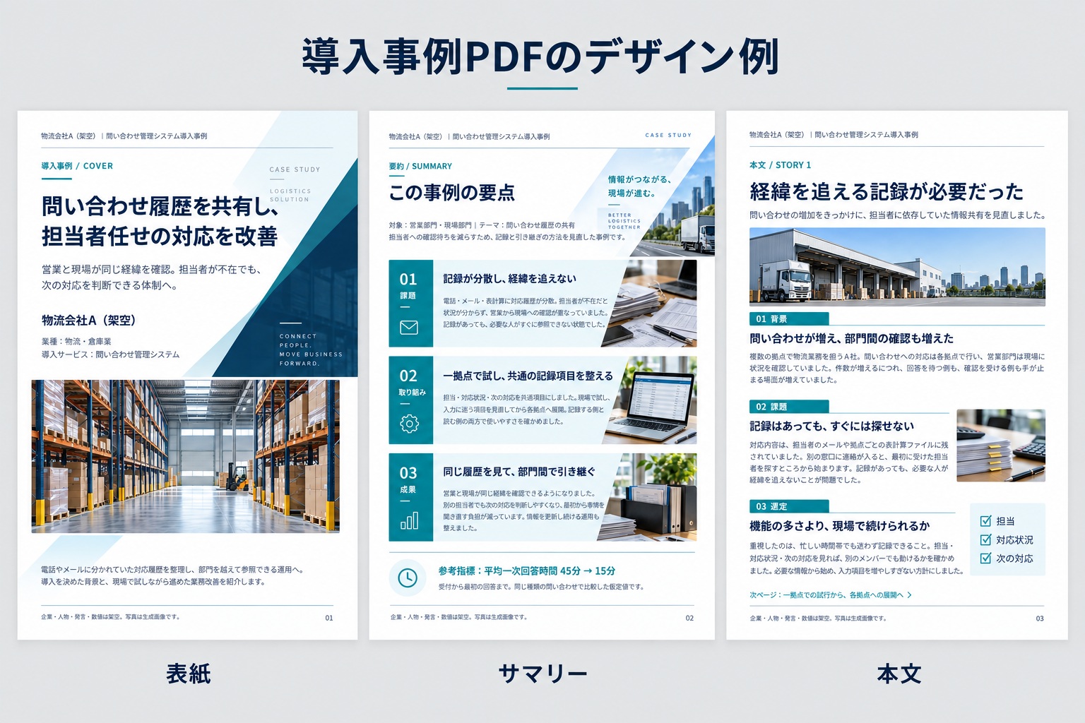表紙・要約・本文の紙面例です。資料の用途に合わせて、必要な要素を選んで構成します。