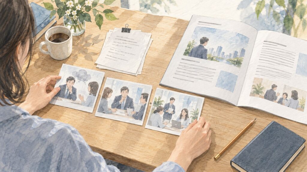 取材メモと顧客の経験を描いたカードを机上で整理し、導入事例の記事にまとめる編集者